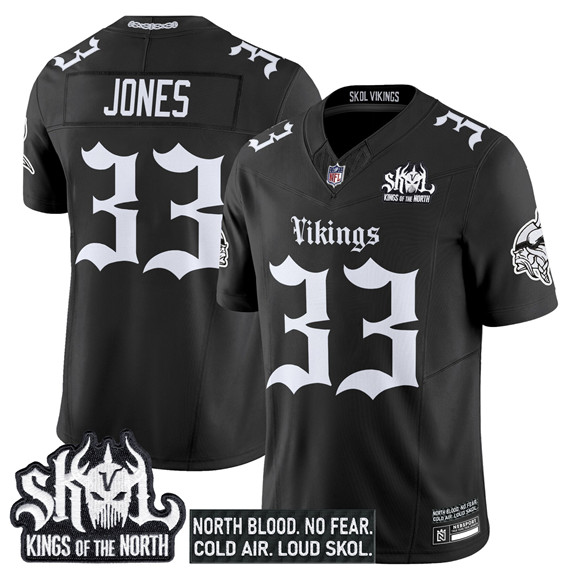 Men's Minnesota Vikings #33 Aaron Jones Black 2025 F.U.S.E. Kings of the North Patch 'Gothic Norseblood Edition' Vapor Untouchable Limited Stitched Football Jersey Men's Minnesota Vikings #33 Aaron Jones Black 2025 F.U.S.E. Kings of the North Patch 'Gothic Norseblood Edition' Vapor Untouchable Limited Stitched Football Jersey